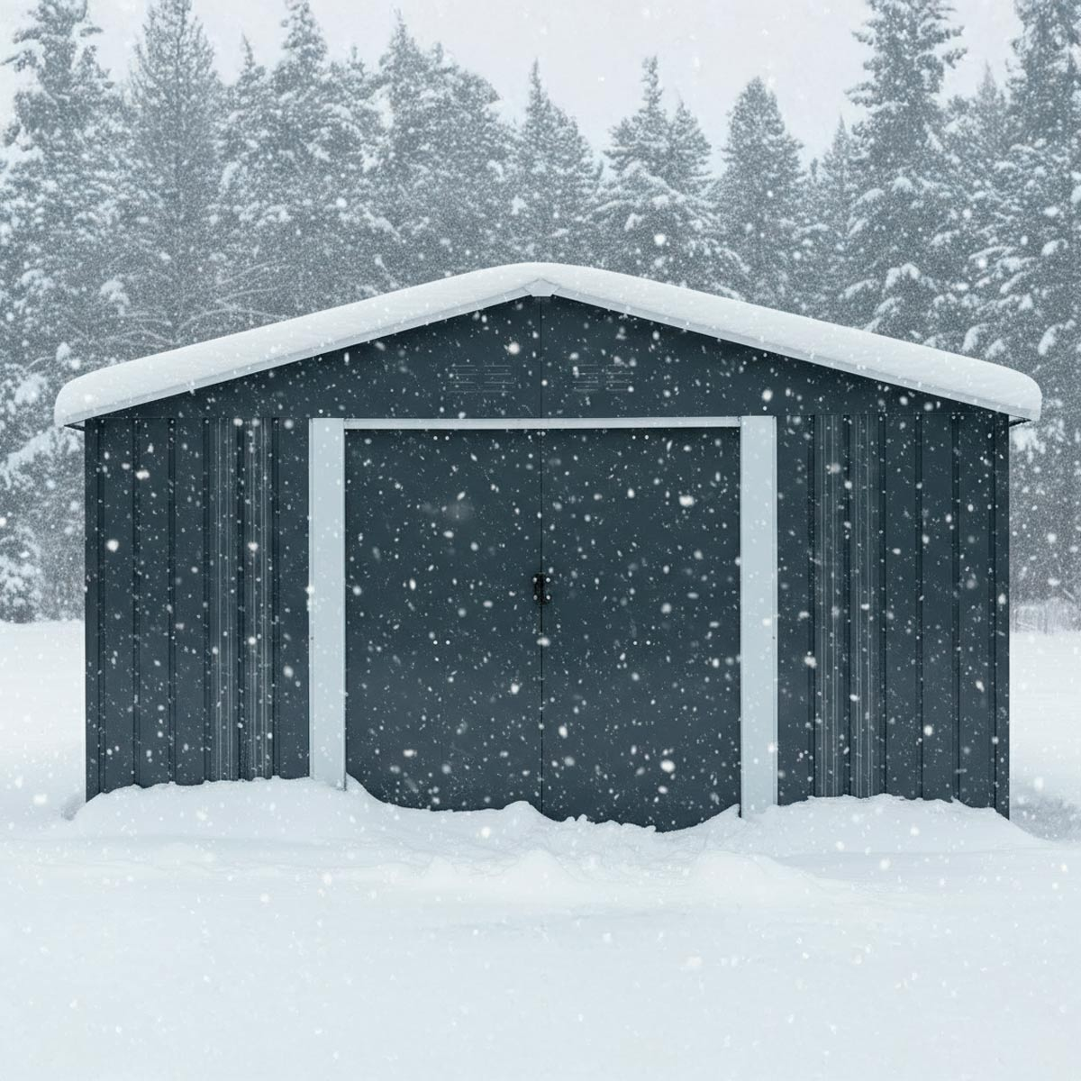 Ein dunkelgrauer Schuppen mit weißem Besatz steht im Schnee während eines Schneefalls.