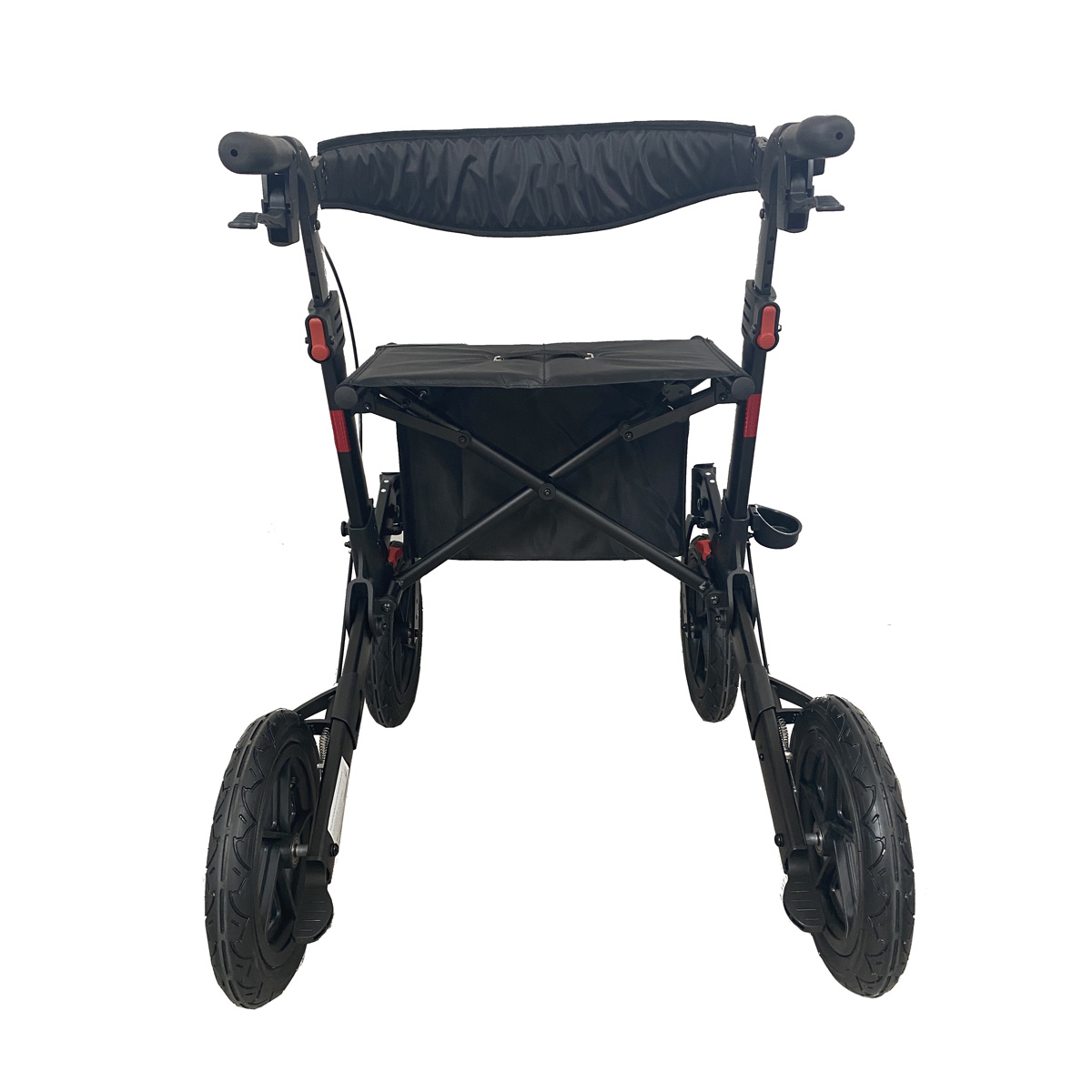 Ein schwarzer Rollator mit Sitz, gepolsterter Rückenlehne und vier Rädern.