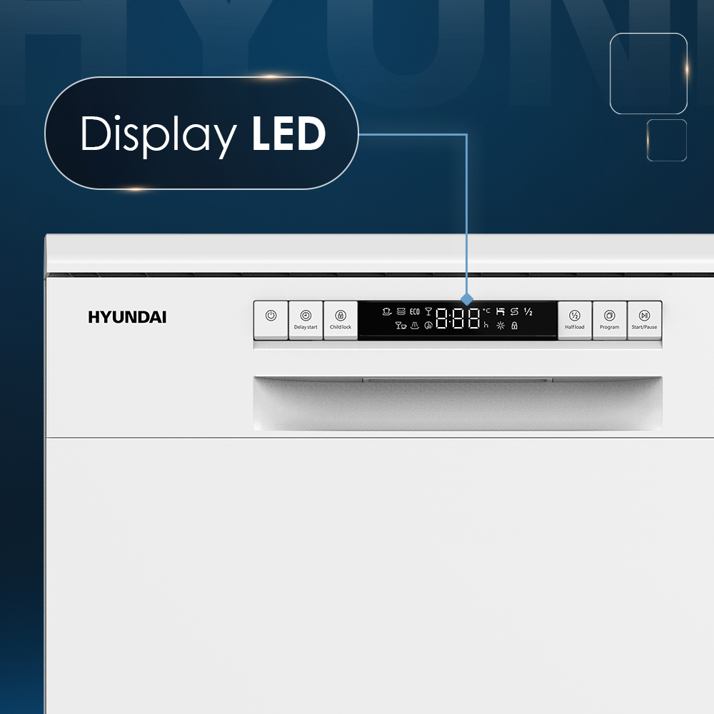 Lavavajillas blanco con pantalla LED y botones de control como inicio diferido y selección de programa.