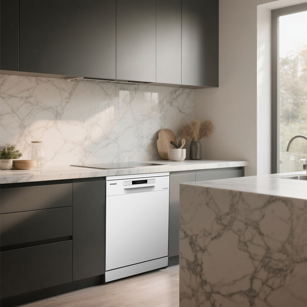 Cocina moderna con lavavajillas blanco, encimeras de mármol y gabinetes oscuros.
