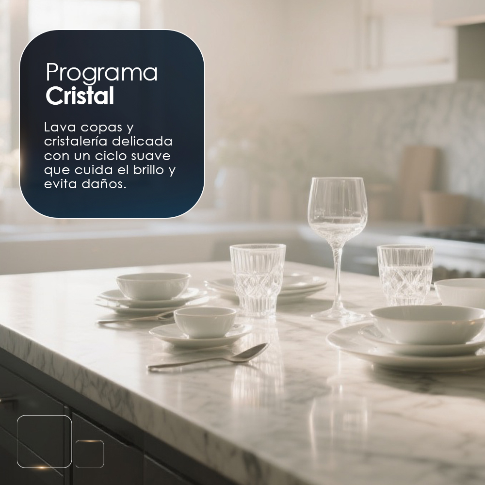Vajilla de cristal sobre mesa de mármol con cuadro de texto.