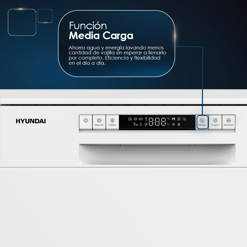 Un lavavajillas Hyundai blanco con pantalla digital y botones de control.