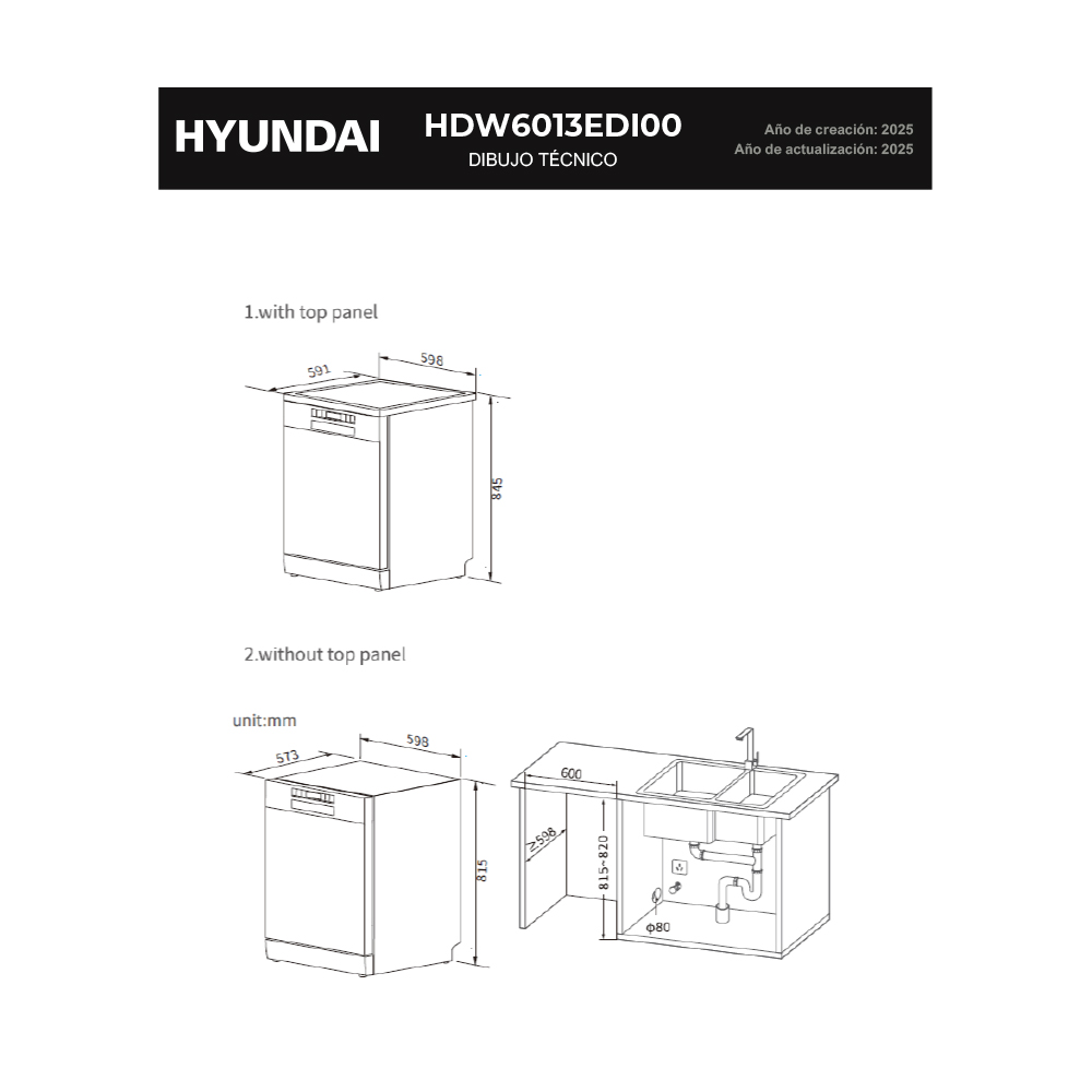 Dibujo técnico de un lavavajillas HYUNDAI, con y sin panel superior.