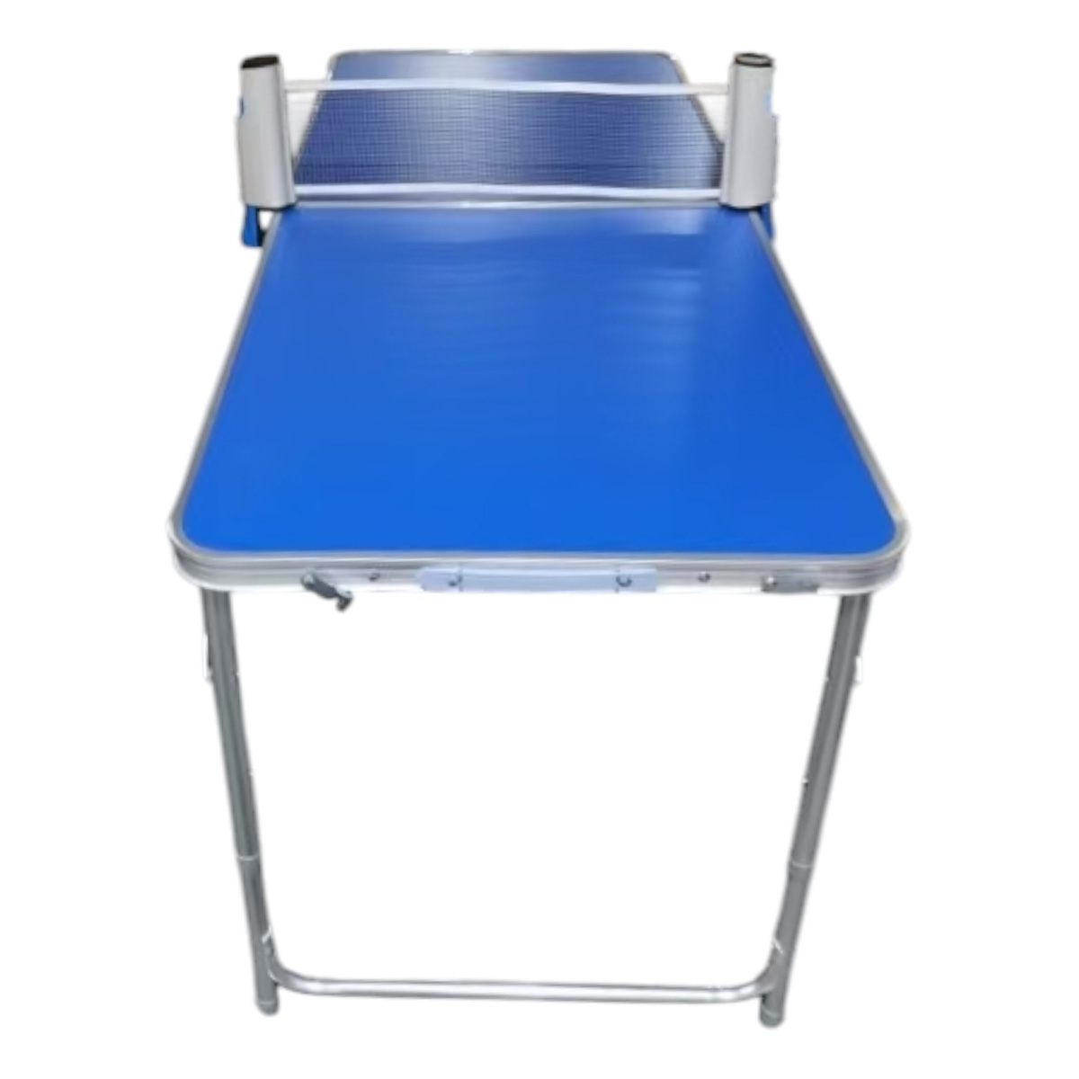 Ein blauer Klapptisch für Tischtennis mit Netz und silbernen Beinen.