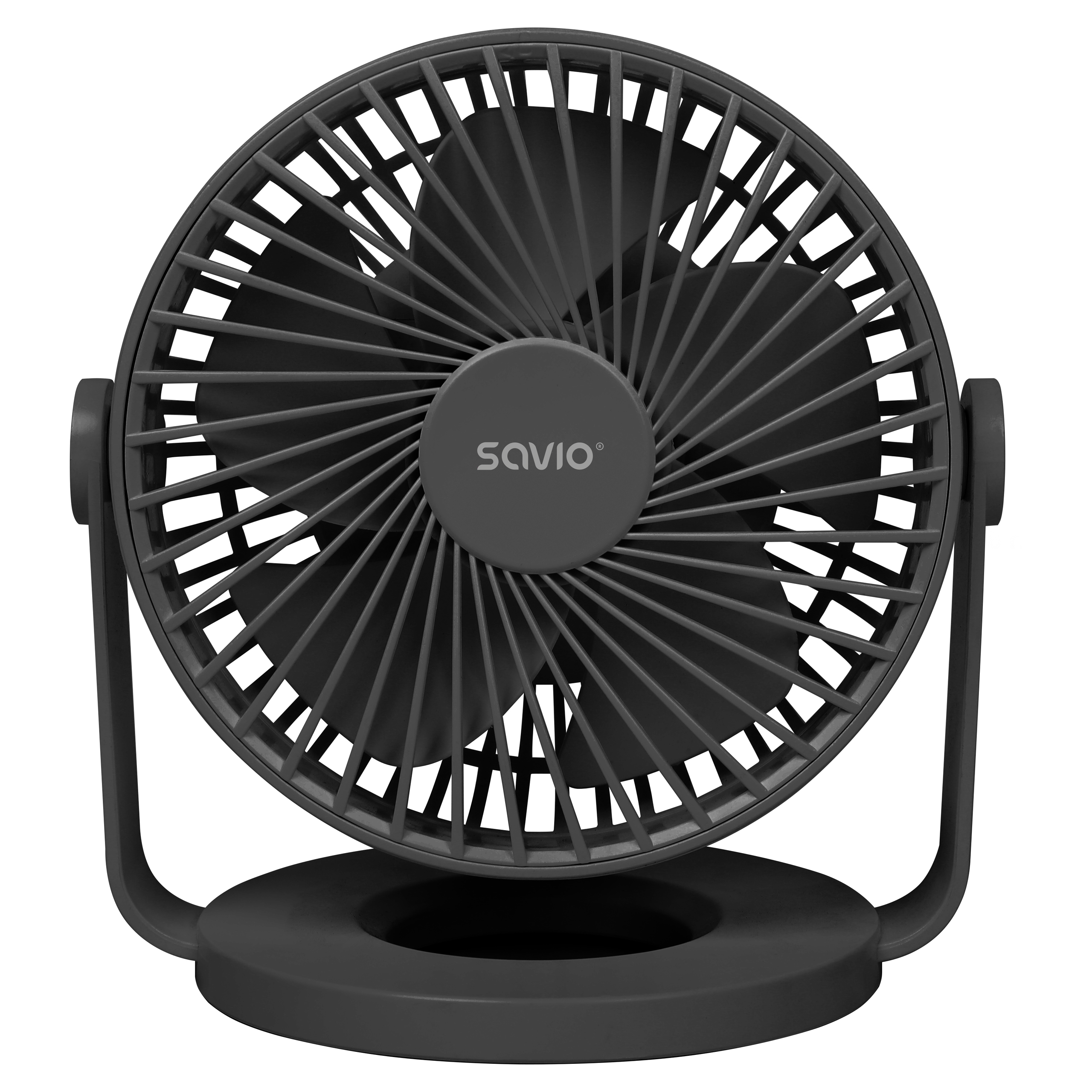 Ein kleiner, dunkler Ventilator mit runden Basis und verstellbarem Ständer.