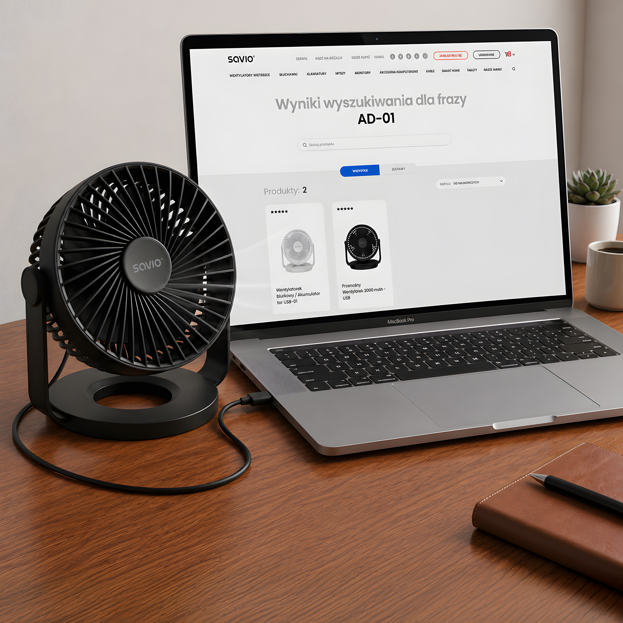 Ein schwarzer Ventilator steht neben einem Laptop, der ein Suchergebnis anzeigt.