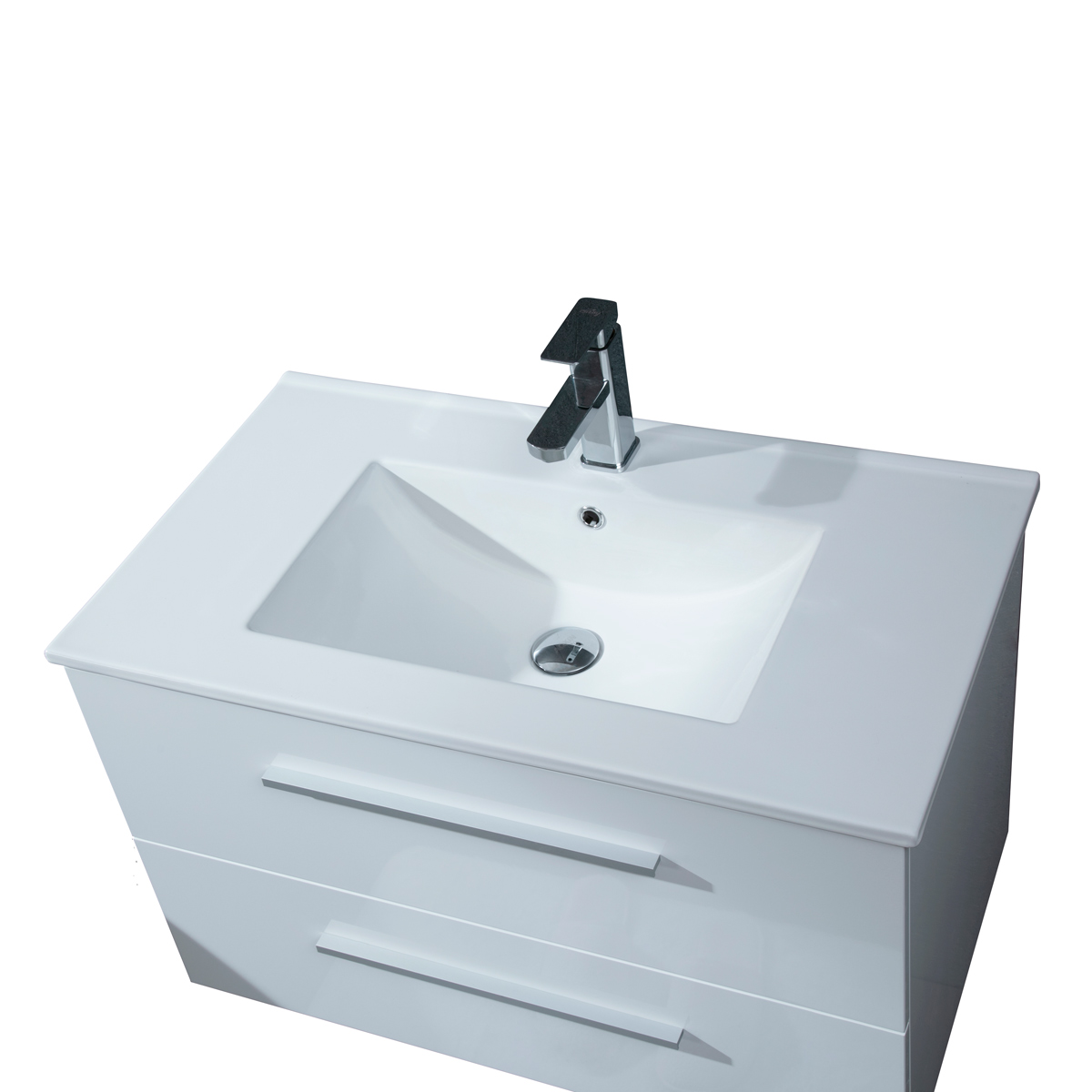 Ein weißes Waschbecken mit Chromarmatur und zwei Schubladen darunter.