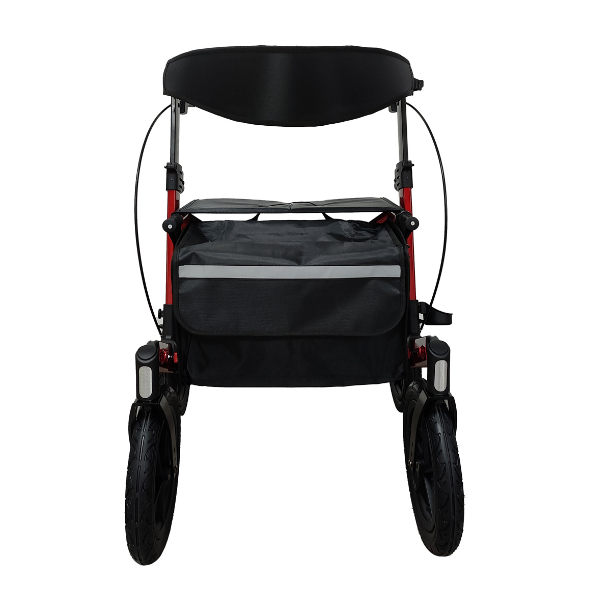 Ein roter Rollator mit schwarzem Sitz, Tasche und Rädern.