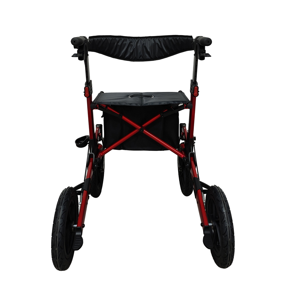 Ein roter Rollator mit schwarzem Sitz und Griffen, auf weißem Hintergrund.