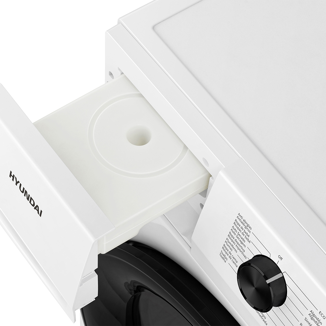Lavadora blanca con cajón extraíble y dial de control negro.