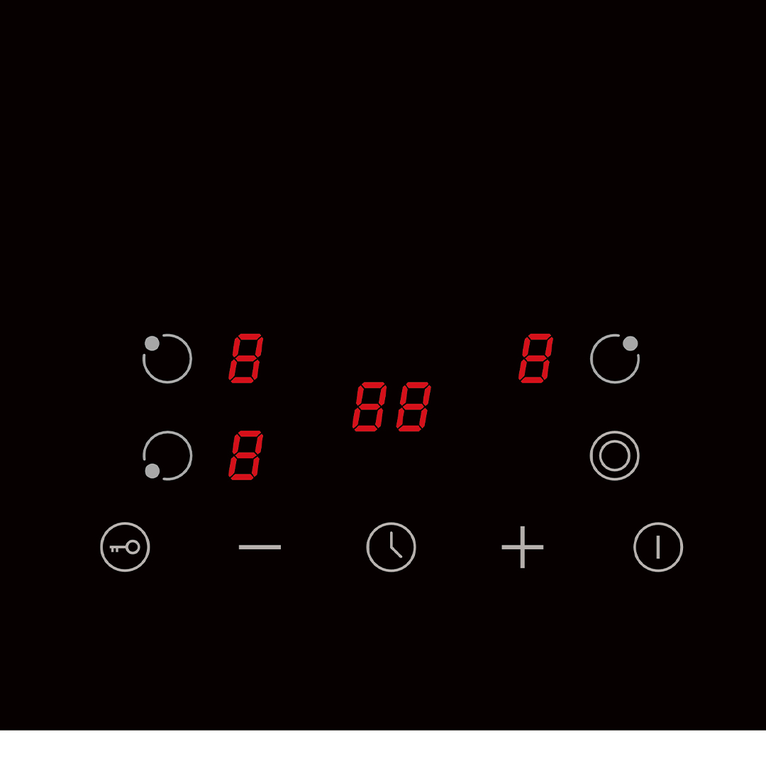 Pantalla digital con números rojos, iconos y controles sobre fondo negro.