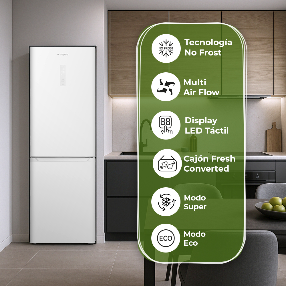 Refrigerador blanco con funciones: No Frost, Flujo de Aire Múltiple, Pantalla LED, Cajón Fresh Converted, Modo Súper, Modo Eco.