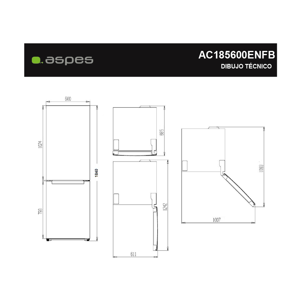 Dibujo técnico de un refrigerador con dimensiones, vistas frontal y lateral.