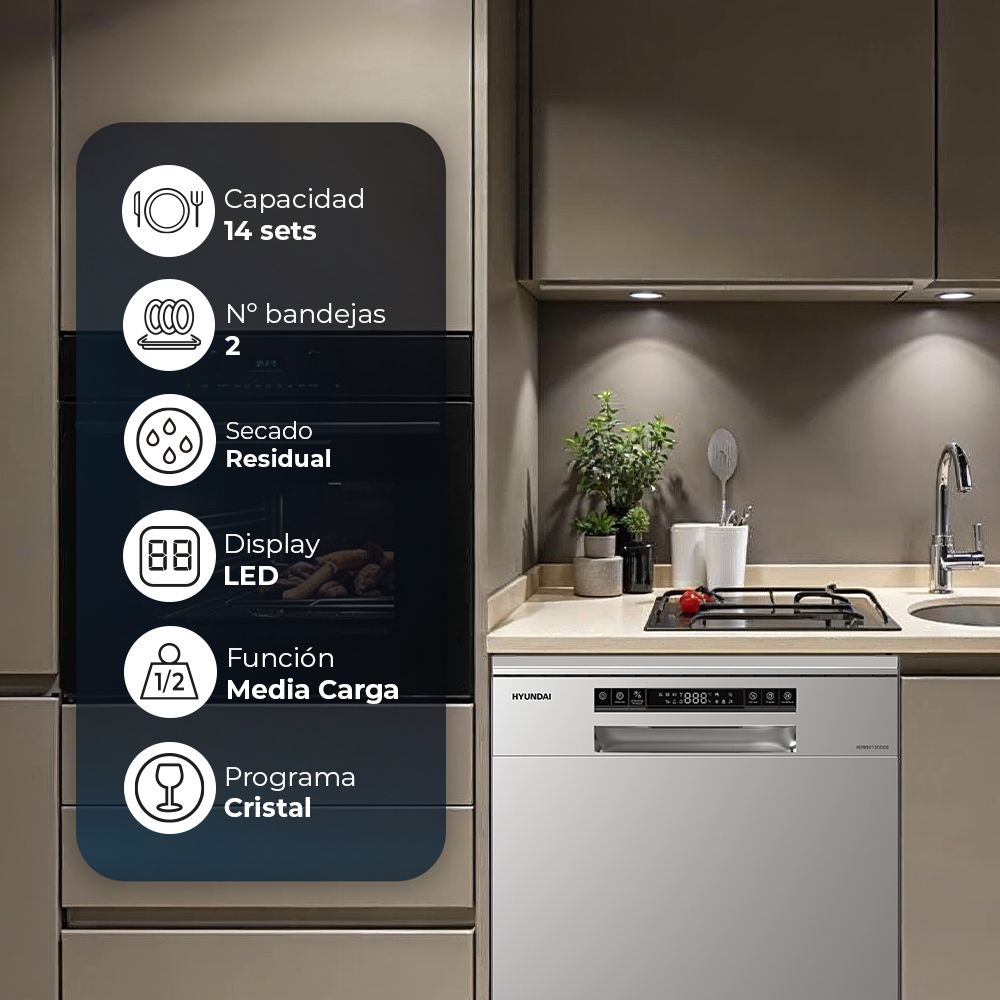 Un lavavajillas moderno con pantalla LED en una cocina. Se listan especificaciones.