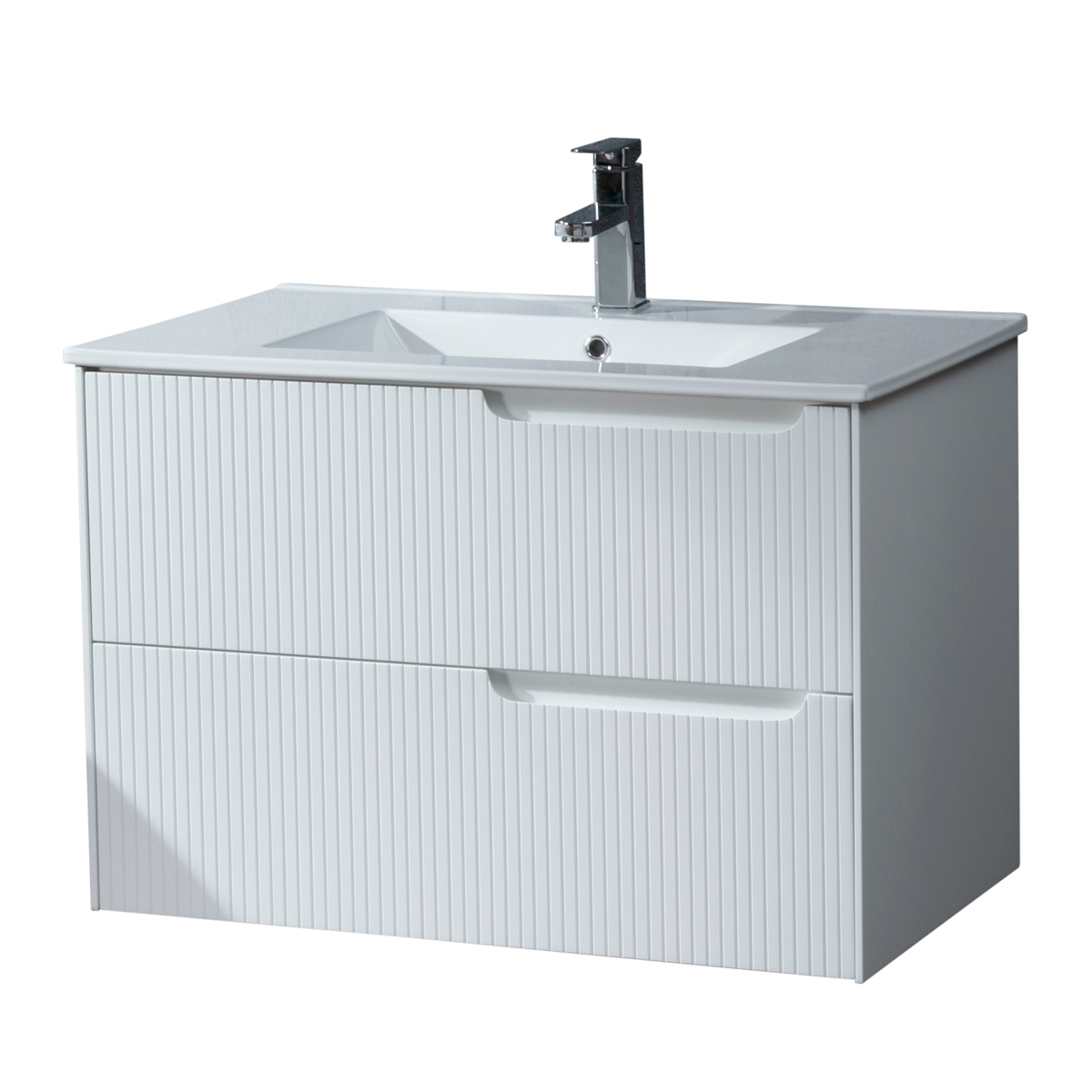 Ein weißes Badezimmerwaschbecken mit zwei Schubladen und einem Wasserhahn.
