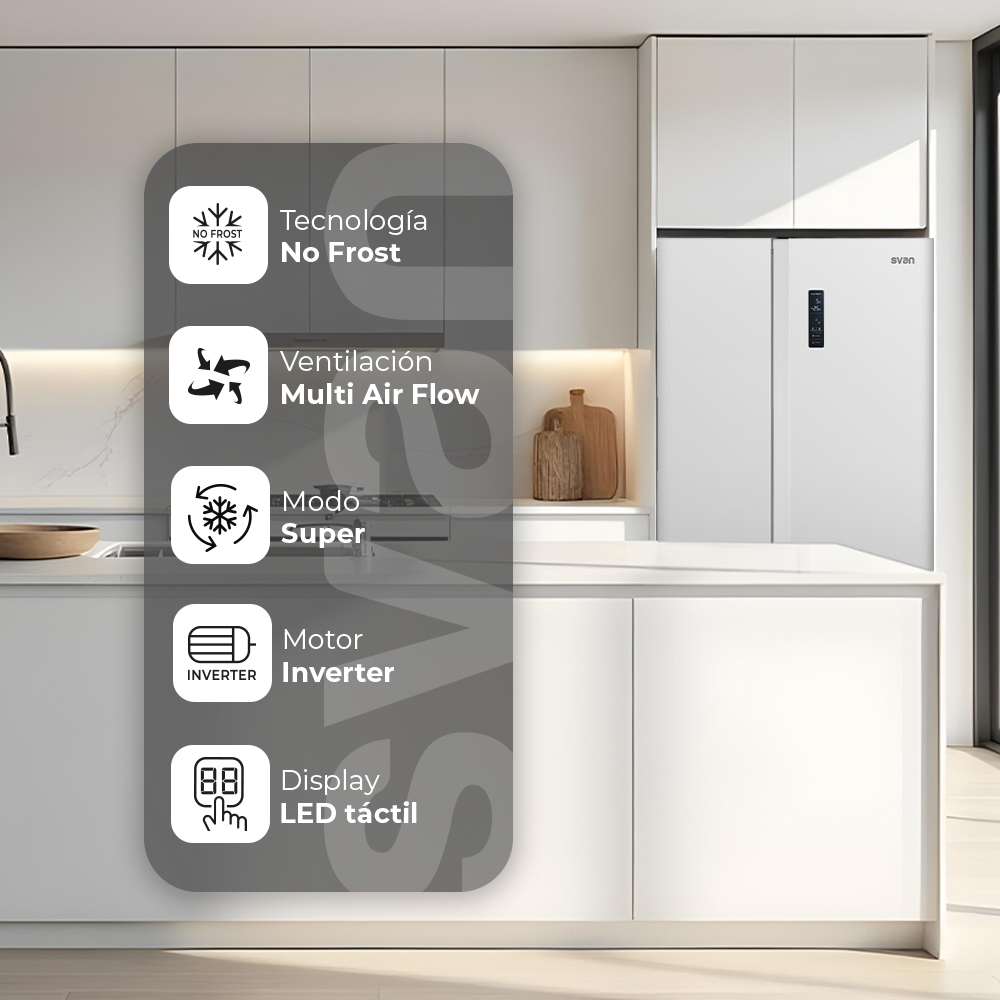 Refrigerador blanco con iconos para No Frost, Multi Air Flow, Modo Super, Motor Inverter, Display LED.