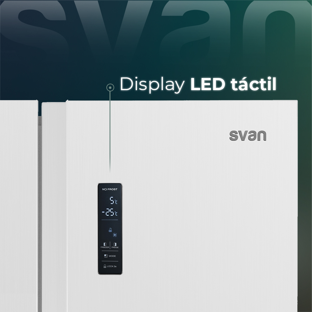 Nevera blanca con pantalla tctil LED que muestra 5C y -25C.