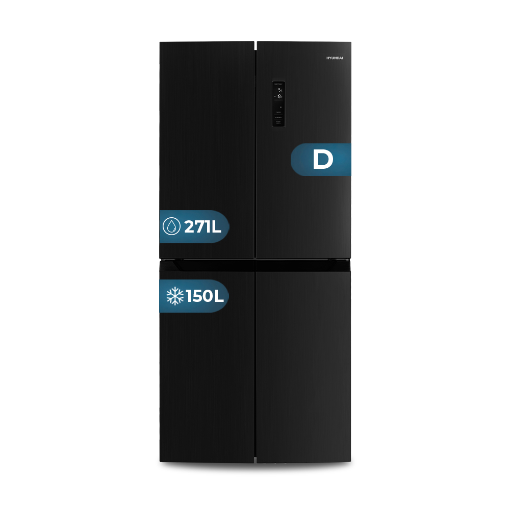 Refrigerador negro de cuatro puertas, 271L de refrigeración, 150L de congelación.