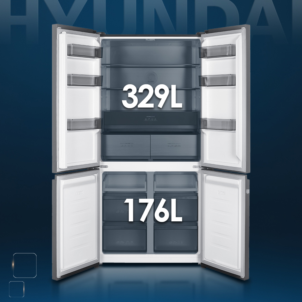 Refrigerador abierto con capacidad de 329L y congelador de 176L.