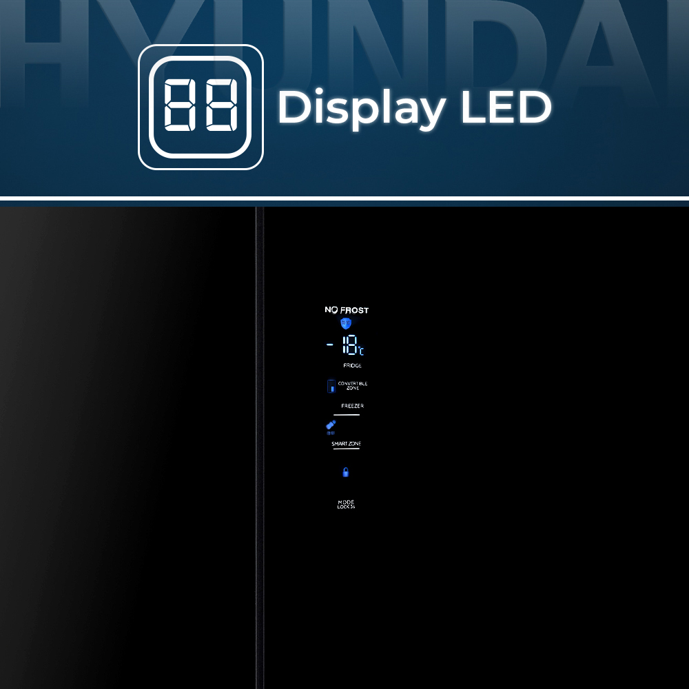 Un refrigerador negro con pantalla LED azul que muestra "NO FROST" y temperaturas.