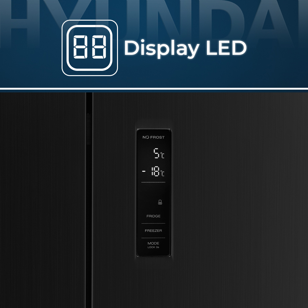 Refrigerador negro con pantalla digital que muestra 5°C y -18°C.