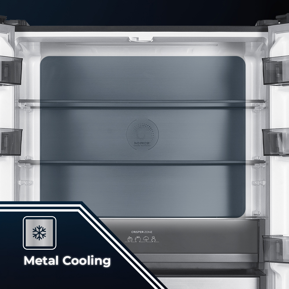 Interior de un refrigerador con estantes, zona de frescura y tecnología sin escarcha.