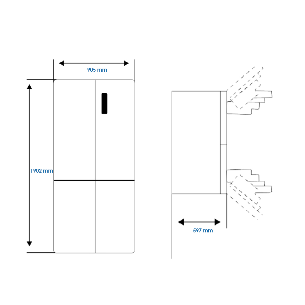 Dibujo técnico de un refrigerador con dimensiones: A 1902 mm, An 905 mm, Pr 597 mm.