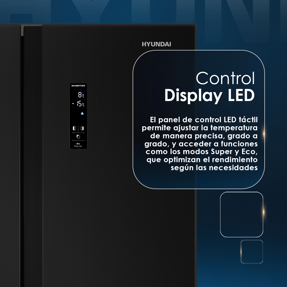 Refrigerador negro con pantalla LED que muestra temperatura y modos.