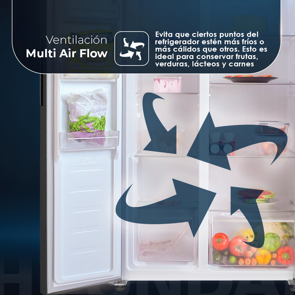 Un refrigerador abierto con verduras, frutas y carne, y flechas de flujo de aire.