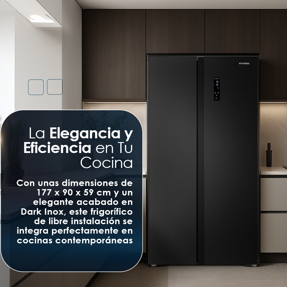 Un refrigerador negro side-by-side de Hyundai en una cocina moderna.