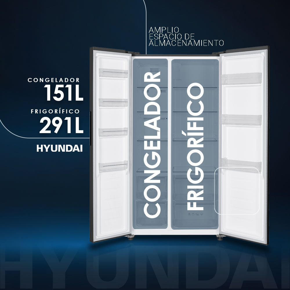 Refrigerador Hyundai abierto: 151L congelador, 291L frigorífico.