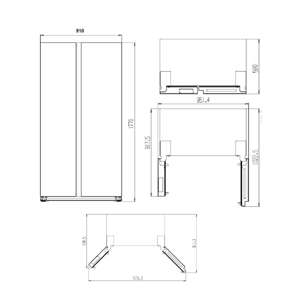 Dibujo técnico de un refrigerador de dos puertas con dimensiones.