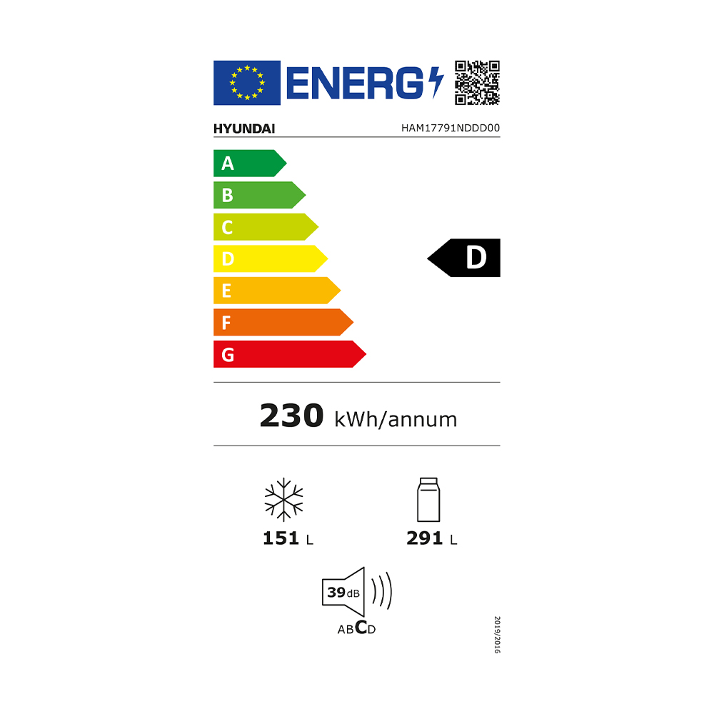 Etiqueta energética D, 230 kWh/año, 151L congelador, 291L frigorífico, 39dB.