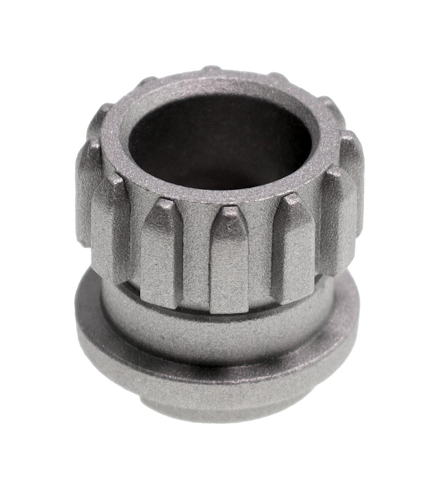 Ein graues, zahnradartiges Metallteil mit einem Ring unten.