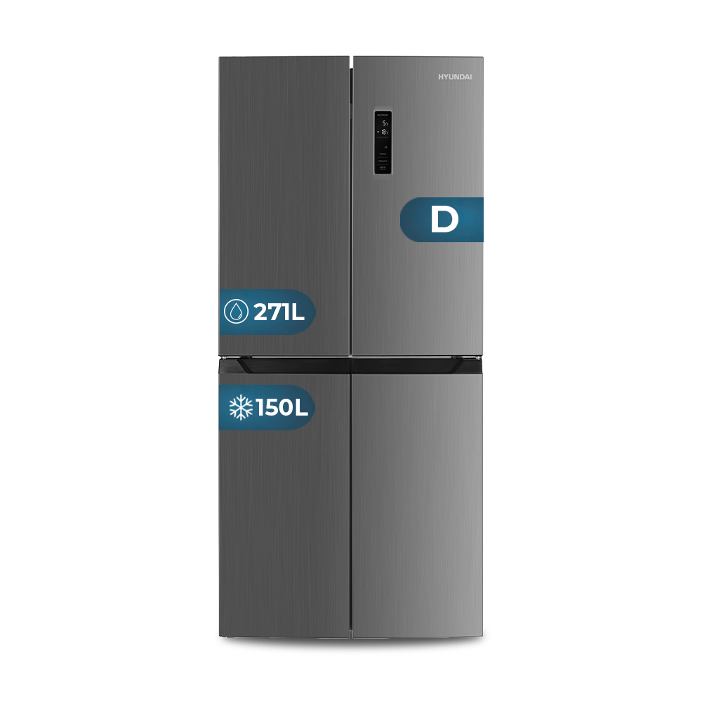 Un refrigerador Hyundai gris con capacidad de 271L y 150L.