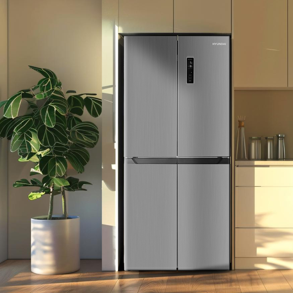 Un refrigerador plateado de cuatro puertas junto a una gran planta en maceta en una habitación luminosa.