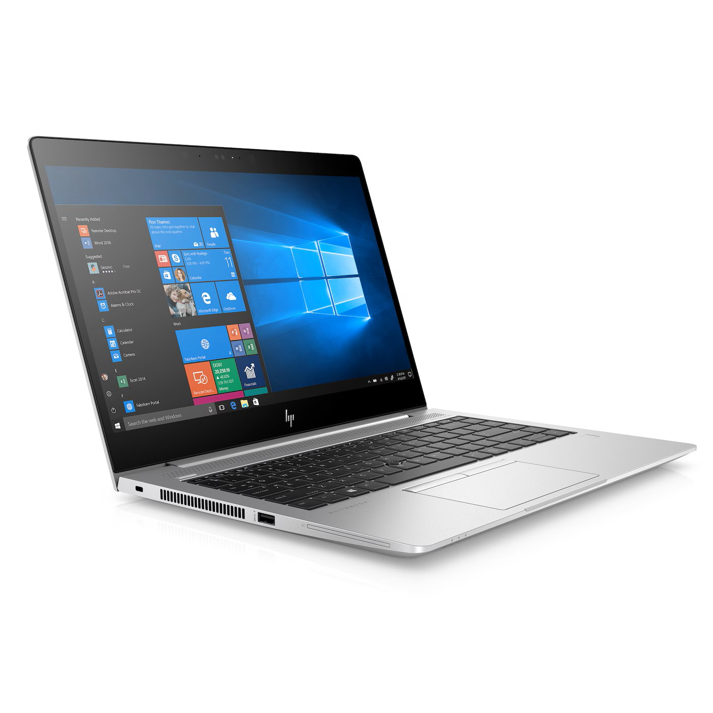 Silbernes HP EliteBook Laptop geöffnet, zeigt Windows-Bildschirm mit Kacheln und Tastatur.