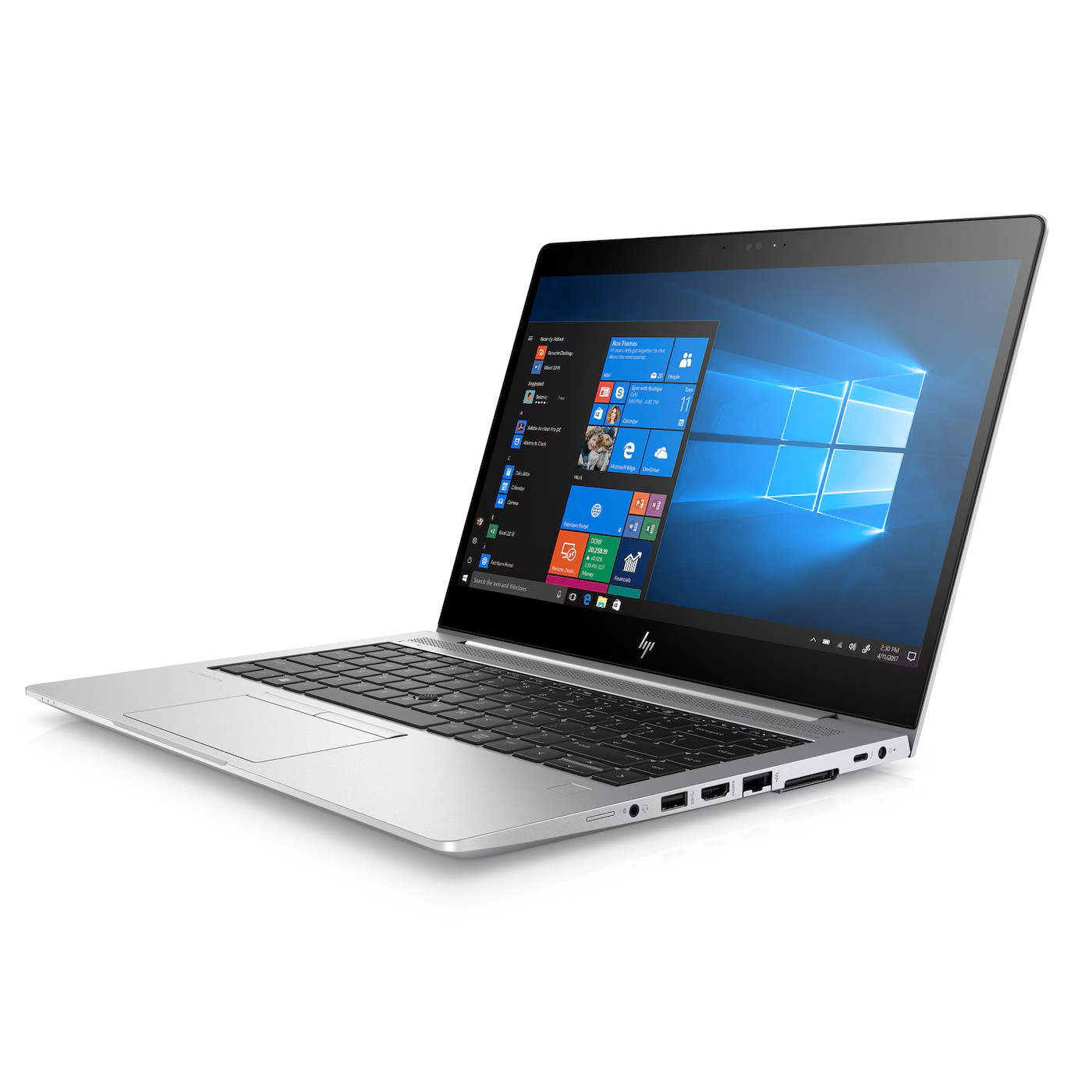 Ein silberner Laptop mit geöffnetem Bildschirm, der Windows anzeigt.