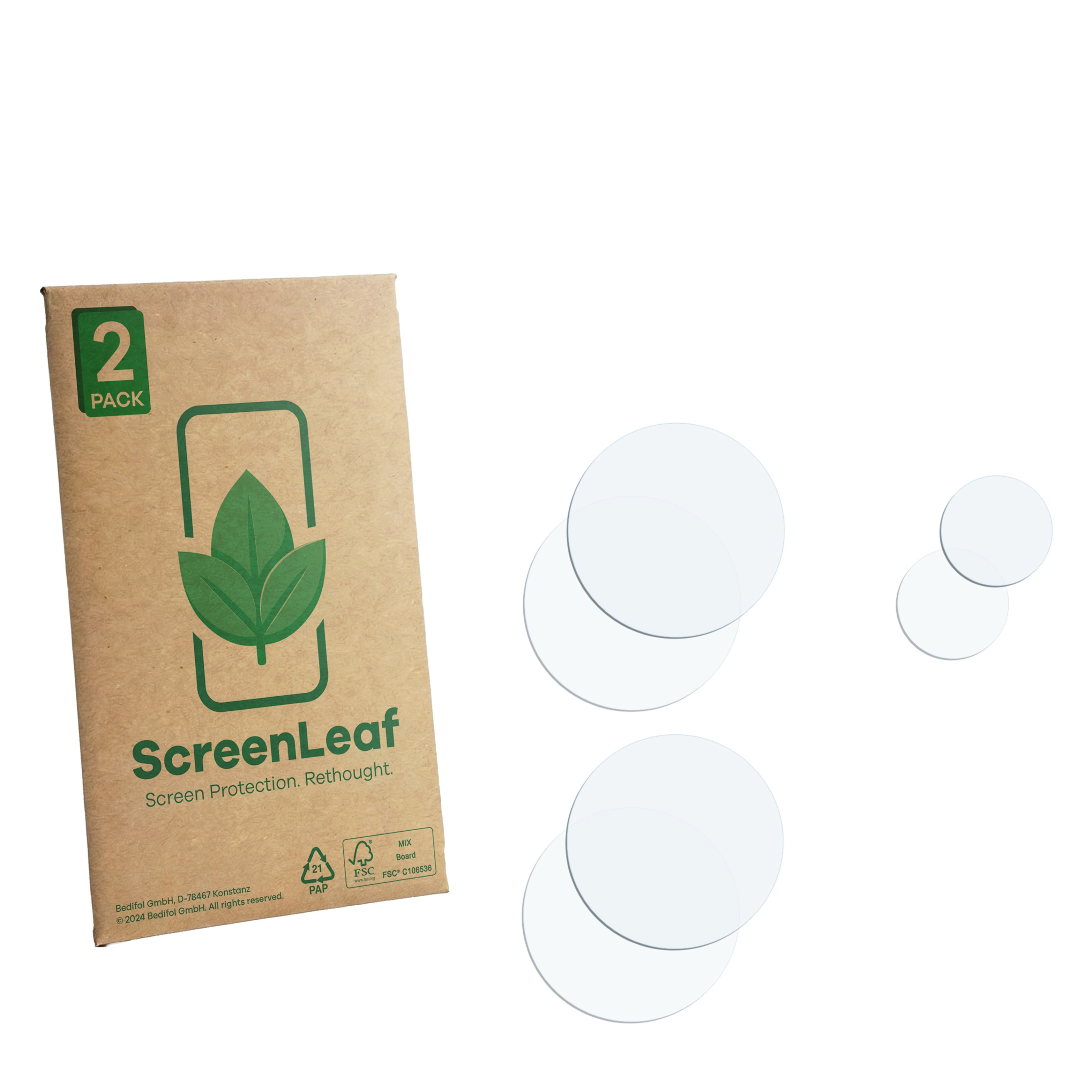 Braune Verpackung mit Aufdruck "2 PACK" und Blattlogo. Daneben liegen drei runde, transparente Schutzfolien.