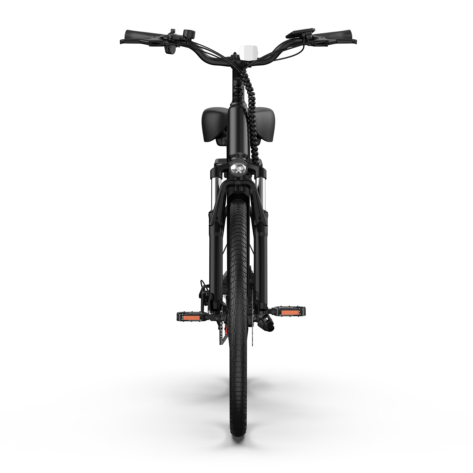 Bicicleta eléctrica negra vista de frente, con manillar, luz y pedales.