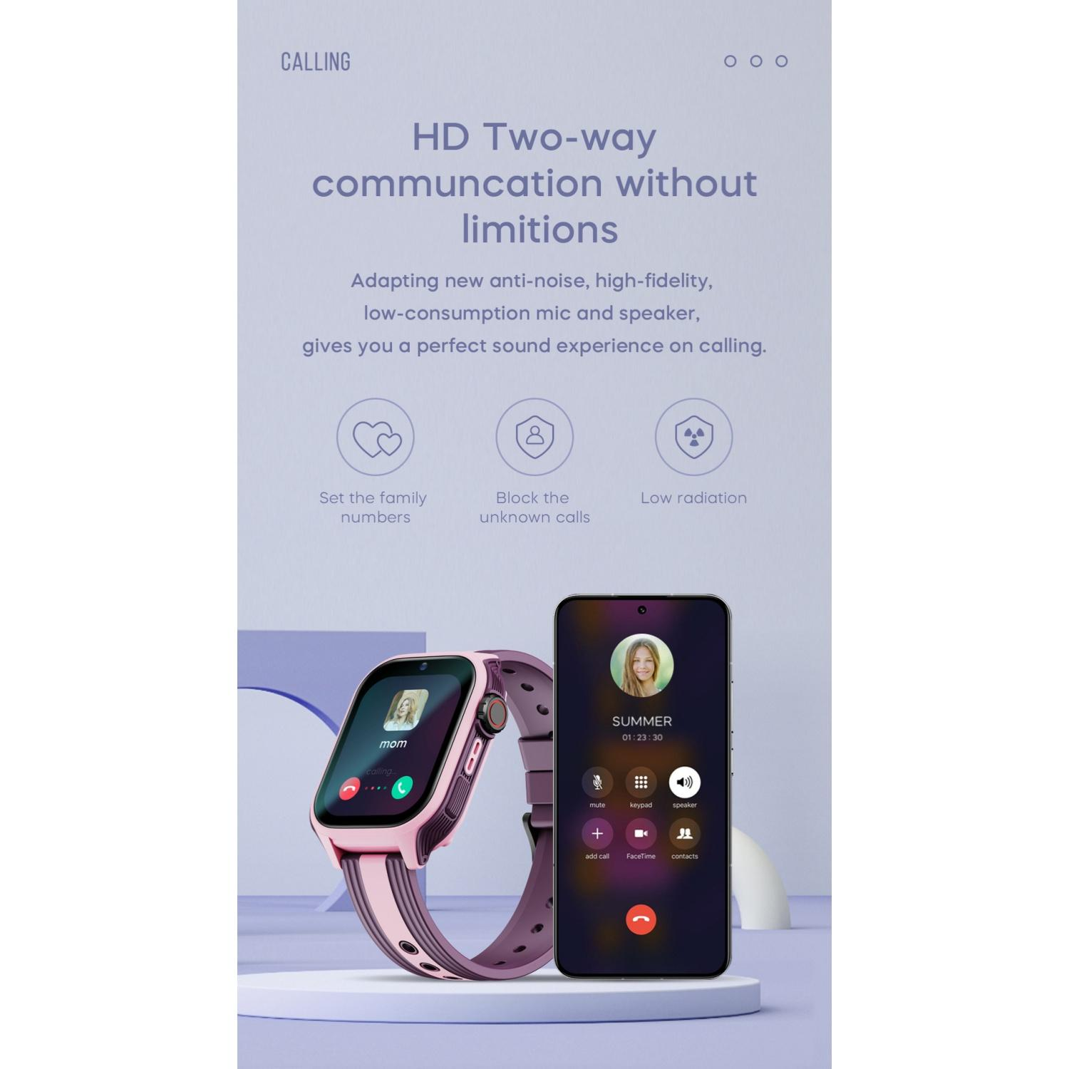Rosa Smartwatch und Smartphone zeigen Anruffunktionen.