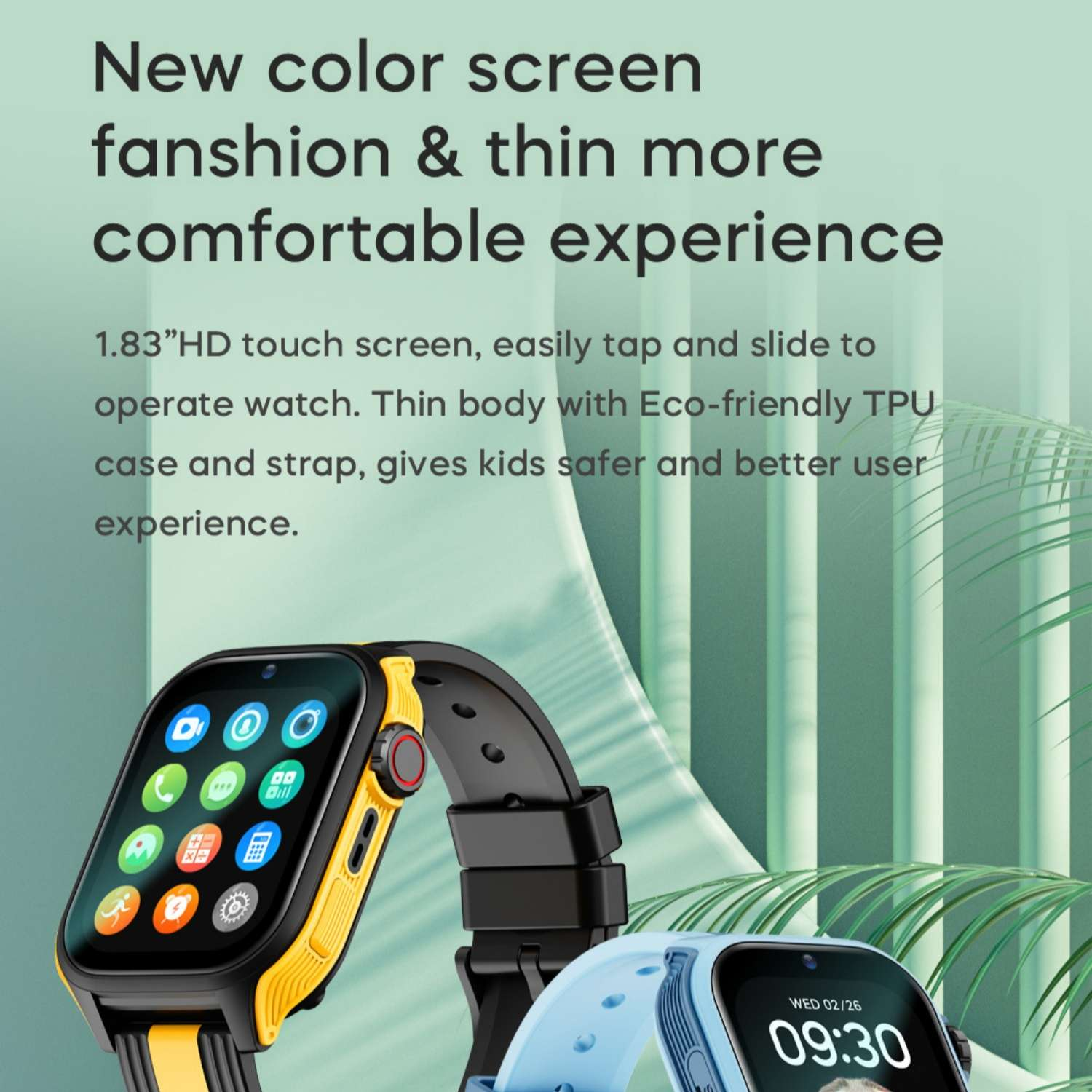 Gelbe und blaue Smartwatches mit Touchscreens und angezeigten App-Symbolen.