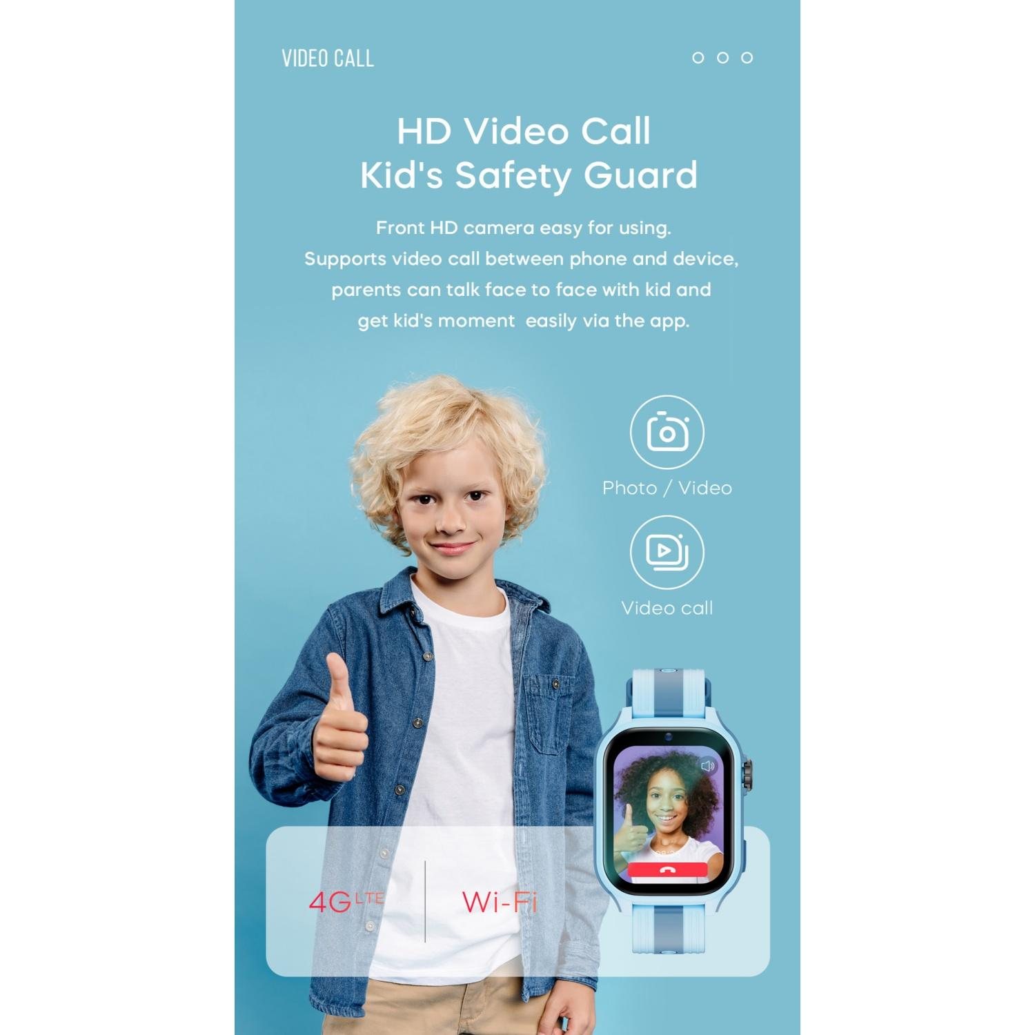 Junge gibt Daumen hoch. Smartwatch zeigt Videoanruf mit Mädchen. Merkmale: 4G LTE, Wi-Fi.