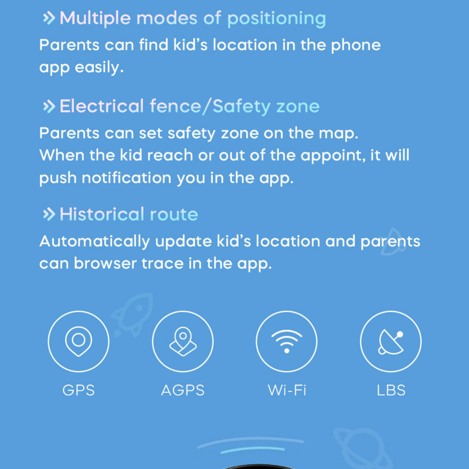 Blauer Bildschirm mit Symbolen für GPS, AGPS, WLAN, LBS und Text zur Positionierung.
