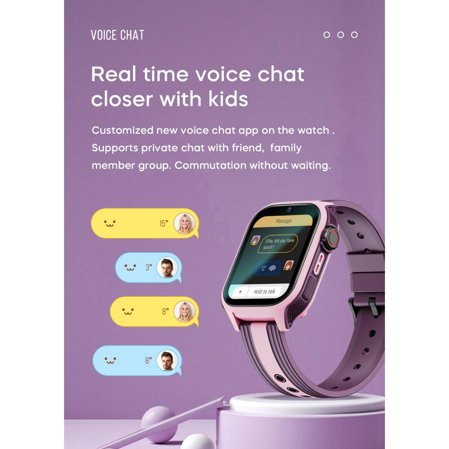 Rosa Smartwatch mit Chat-Nachrichten und Sprachchat-Symbolen.
