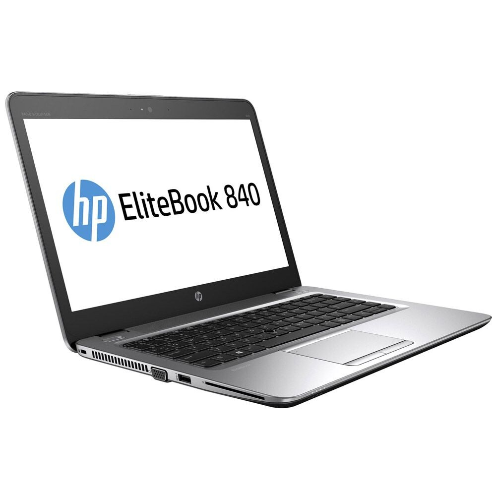 Ein geöffneter silberner HP EliteBook 840 Laptop auf weißem Hintergrund.