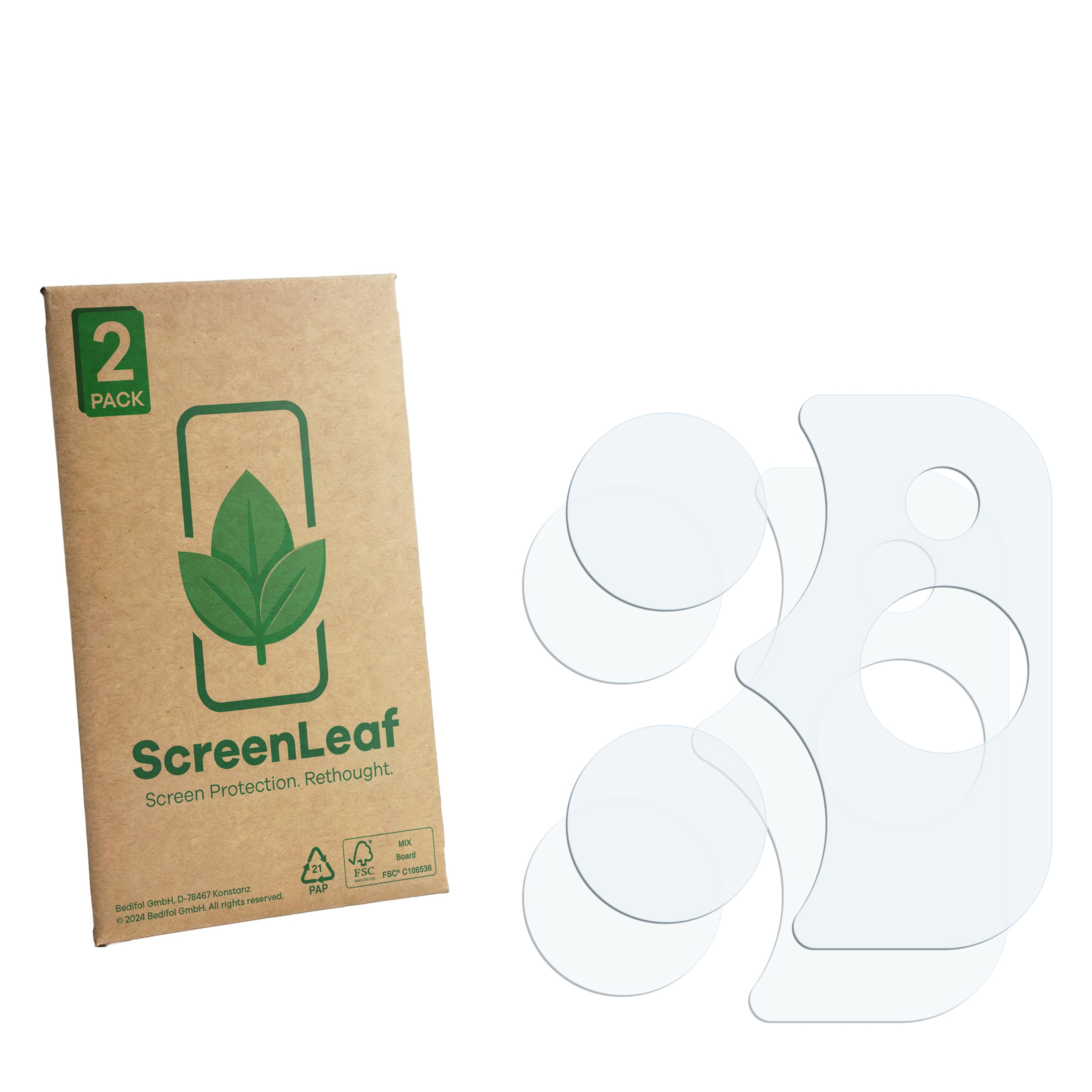 Zwei transparente Displayschutzfolien neben einer braunen Verpackung mit Blattmotiv.