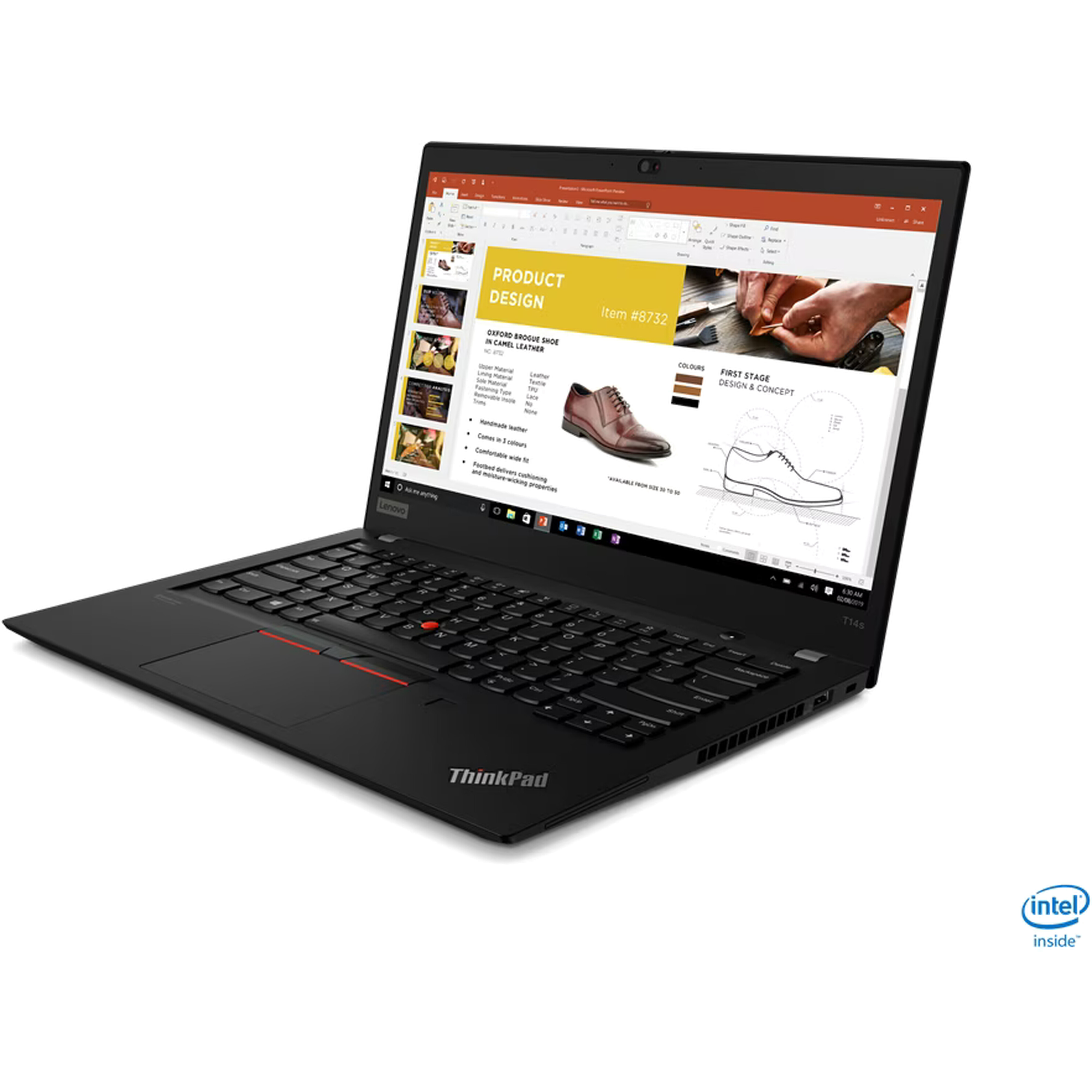 Un ordinateur portable noir Lenovo ThinkPad est ouvert, affichant une présentation de conception de produit avec des images de chaussures.