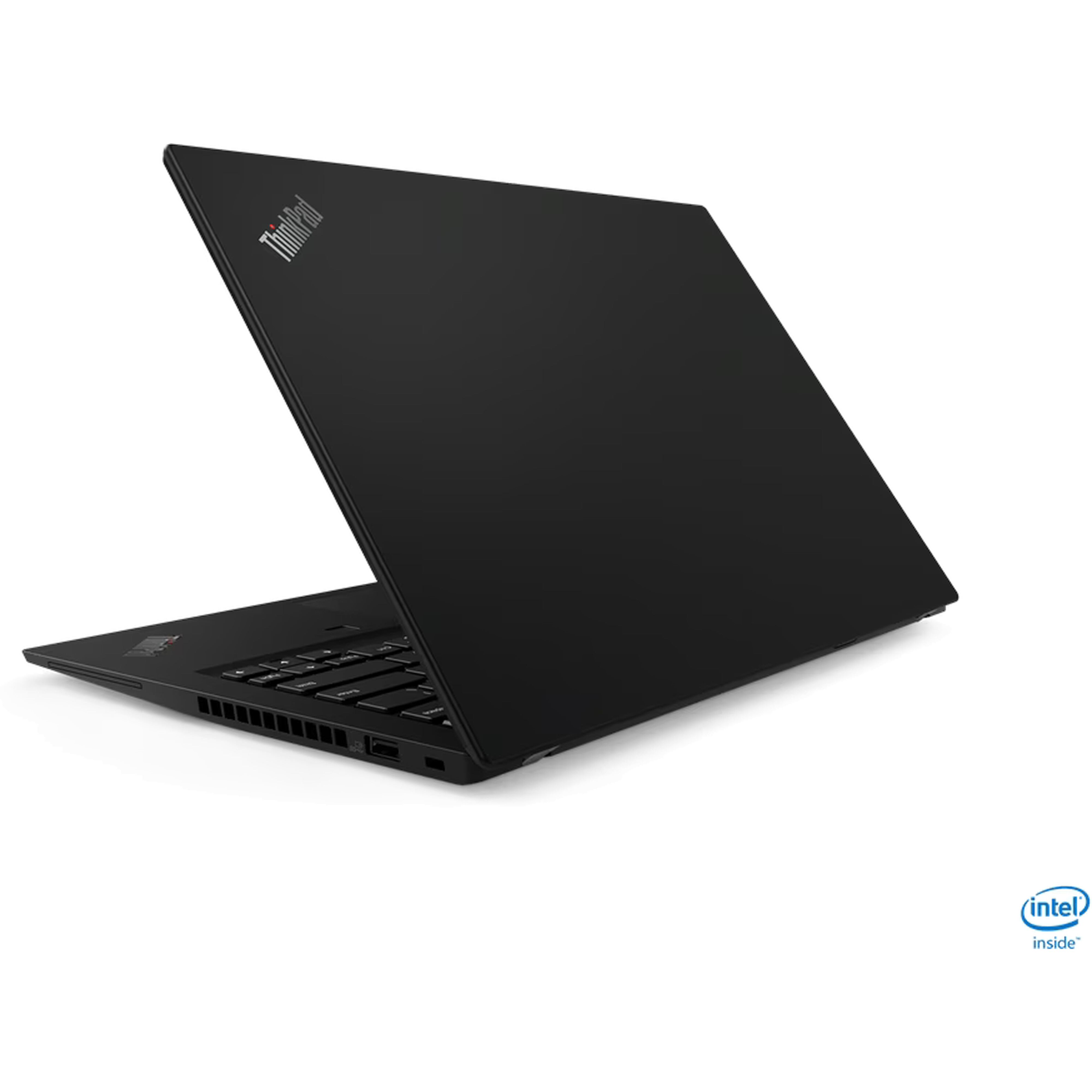 Ordinateur portable noir avec logo "ThinkPad", ouvert. Autocollant Intel Inside.
