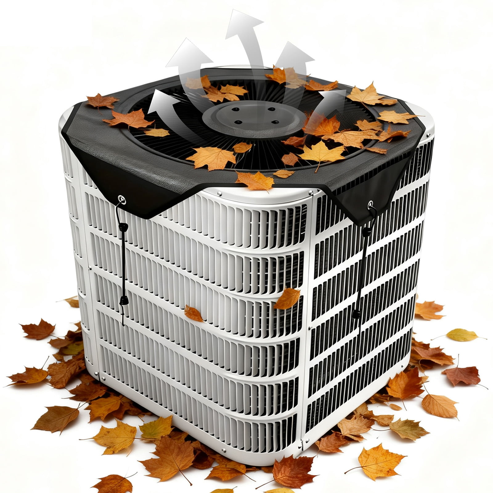 Ein Klimagerät mit einem schwarzen Schutzbezug, bedeckt mit Herbstlaub.